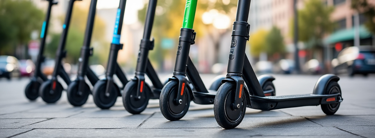 Verschiedene E-Scooter nebeneinander auf einem Radweg