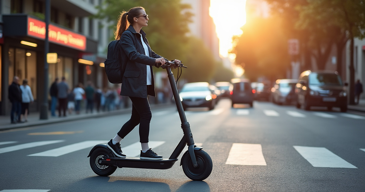 E-Scooter Pendler auf dem Weg zur Arbeit